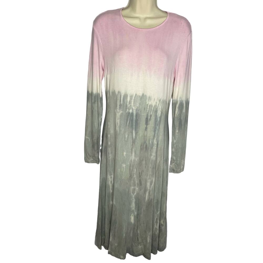 Annie Turbin Tie Dye Crew Neck Long Sleeve Midi Dress Soft Casual Lightweight M